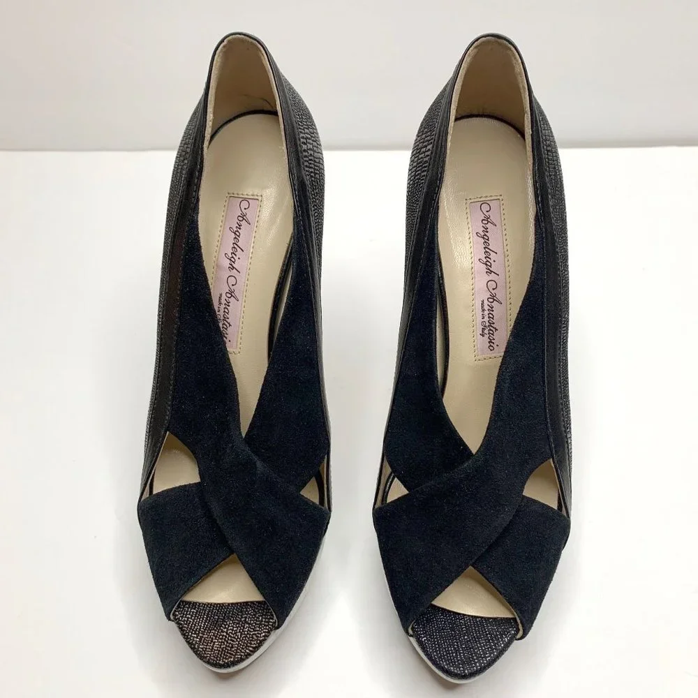 ANGELEIGH ANASTASIO Black Leather Peep Toe Platform Stiletto Sz‎ 8
